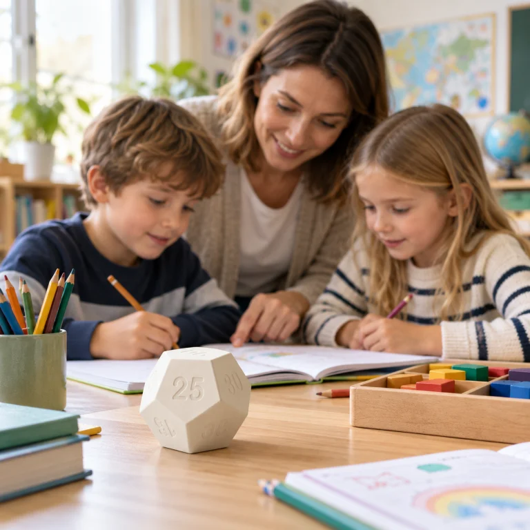 AI lifestyle illustration: a teacher and children using a timer at an activity table
