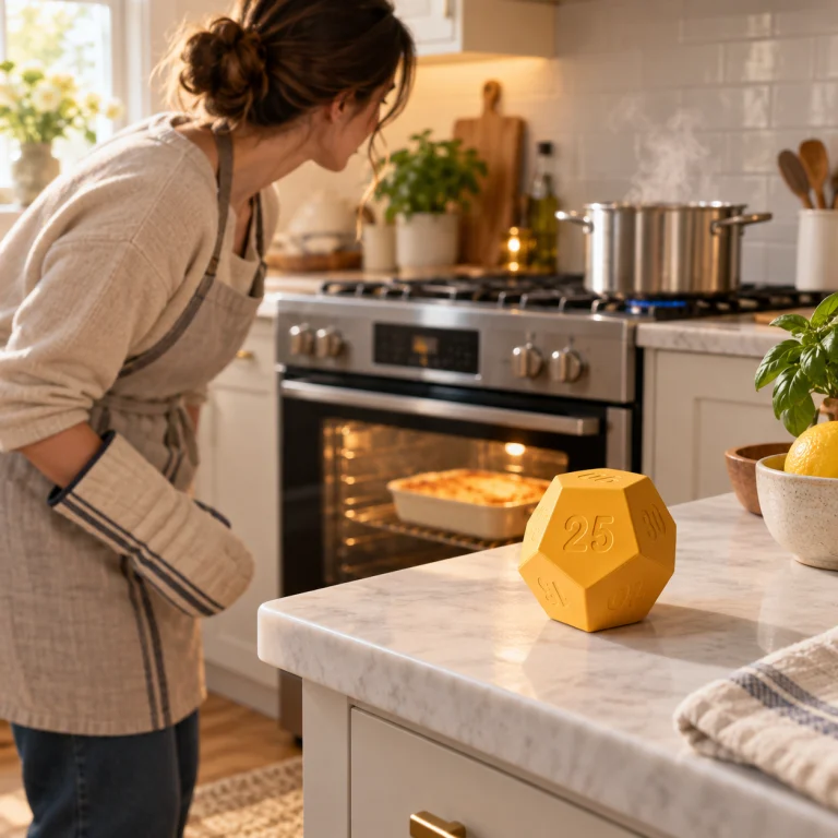 AI lifestyle illustration: a timer on a cool counter near an oven and a soup pot