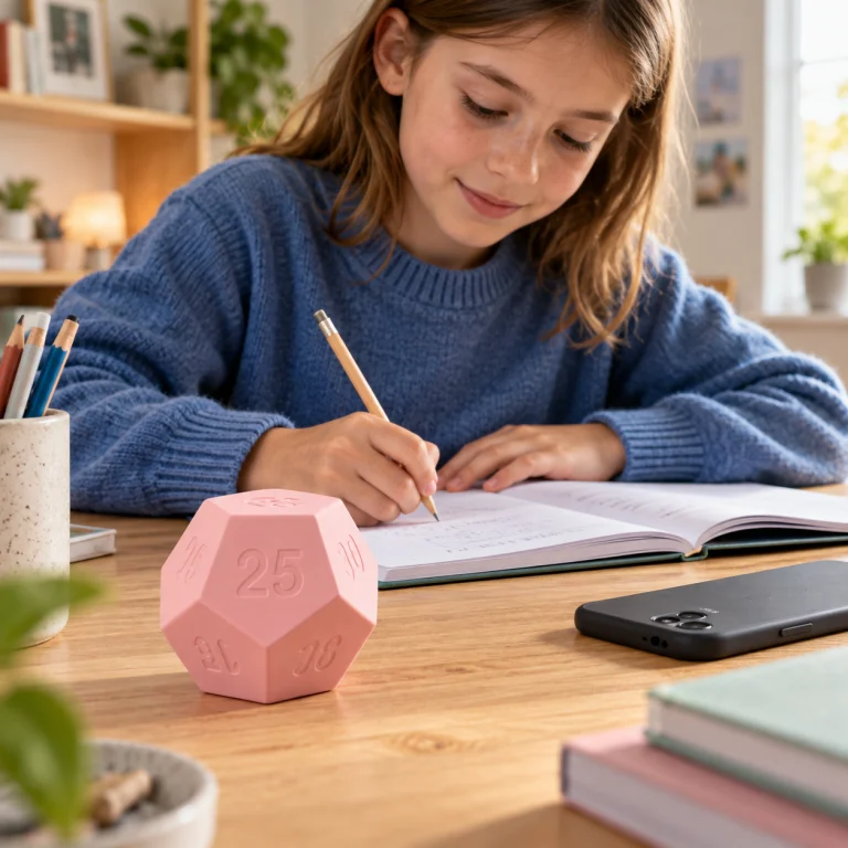 AI lifestyle illustration: a child doing homework with a timer and phone set aside