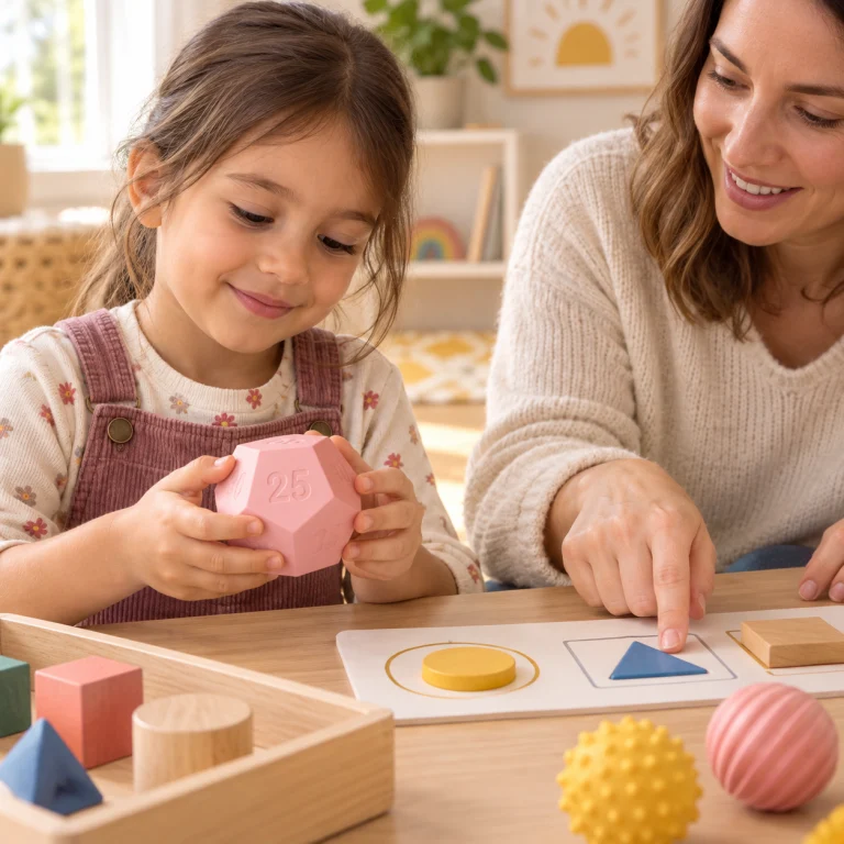 AI lifestyle illustration: a caregiver and child starting a short tactile activity with a timer