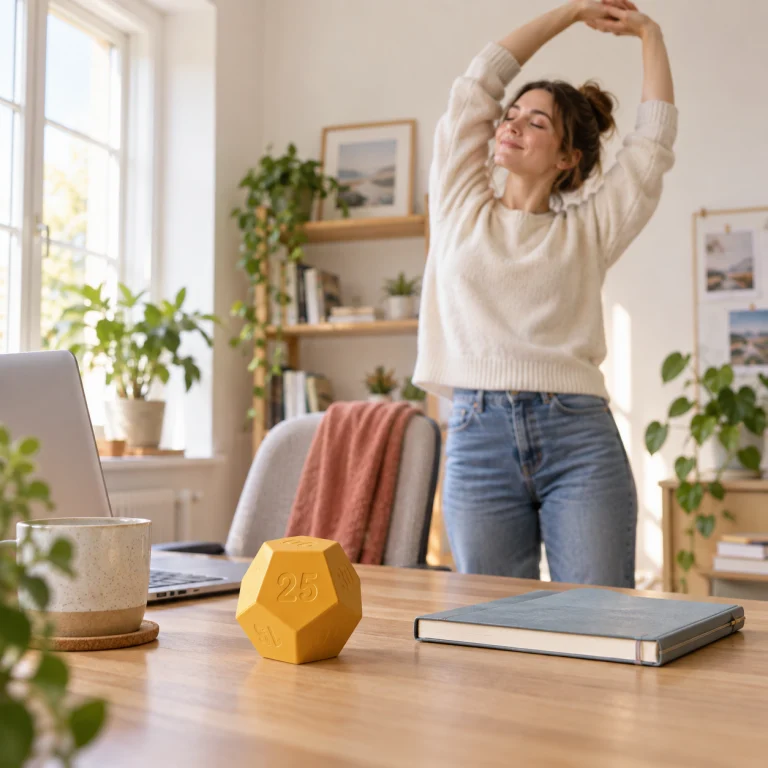AI lifestyle illustration: an office worker standing for a stretch