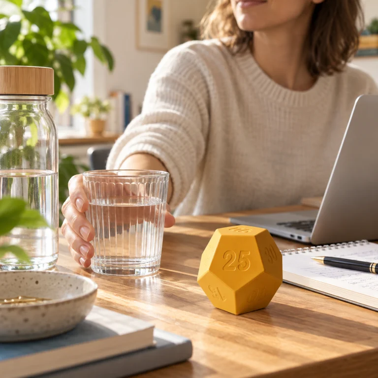 AI lifestyle illustration: a water break beside a focus timer